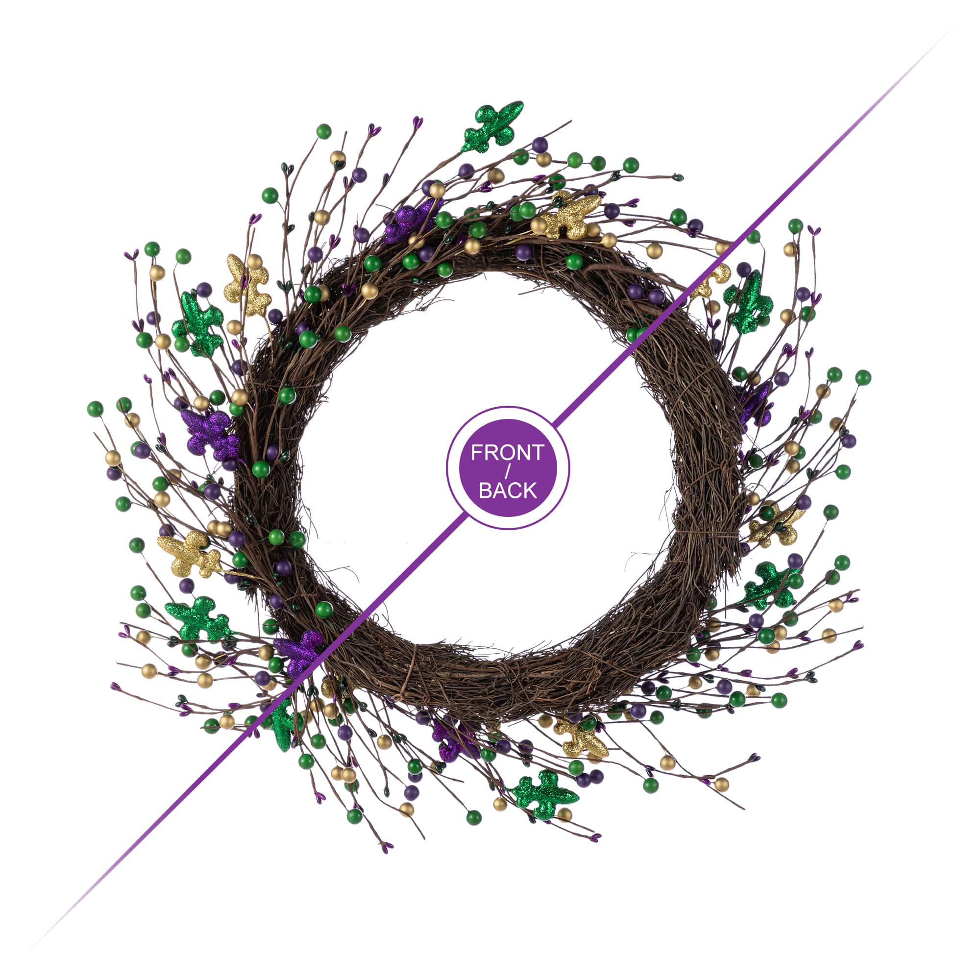 Glitzhome® 20" Mardi Gras Berry & Fleur-de-Lis Wreath